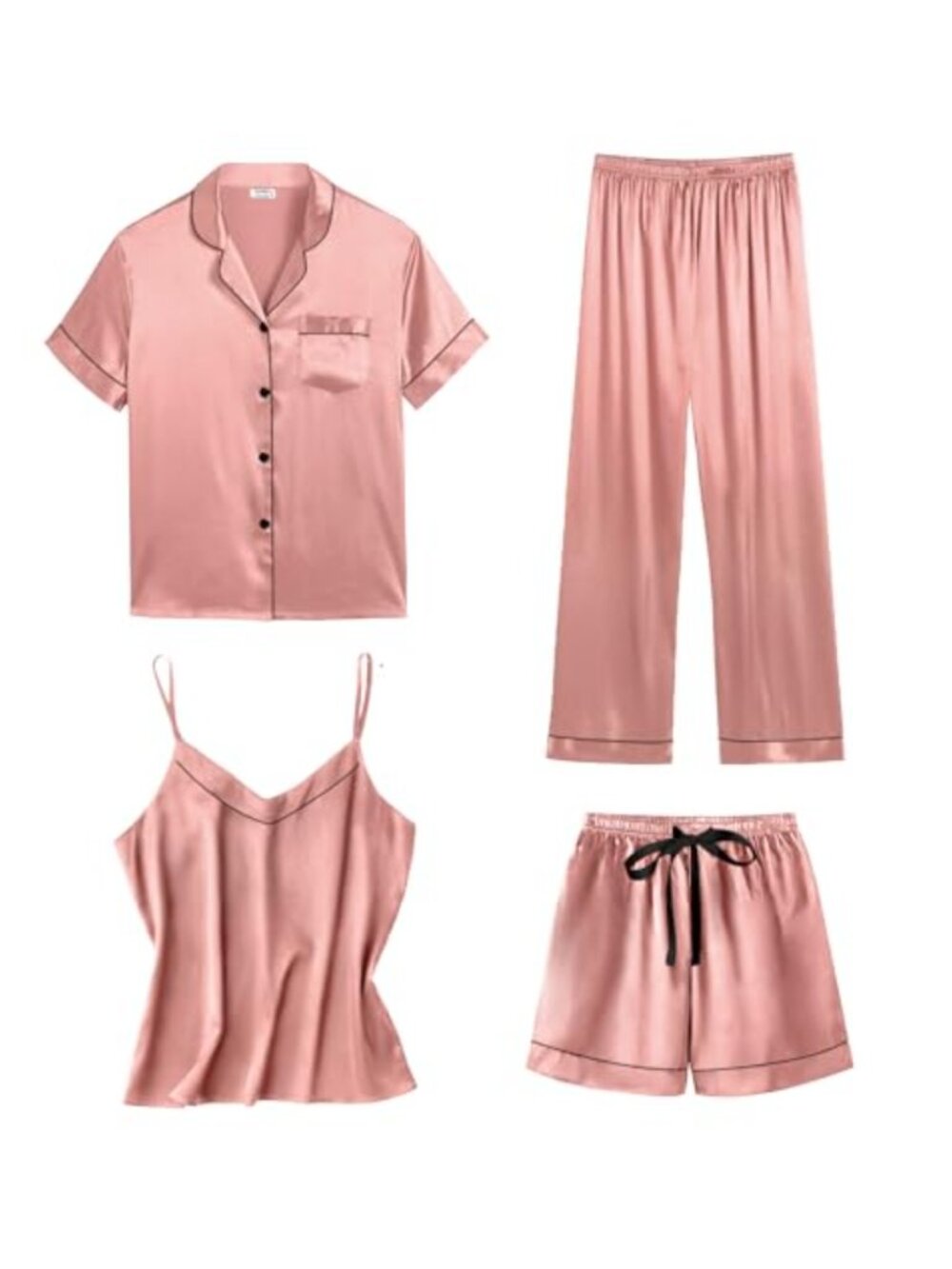 Womens 4pc Satin Pajama Set Cami Button Down Shirt Shorts Pants Sleepwear